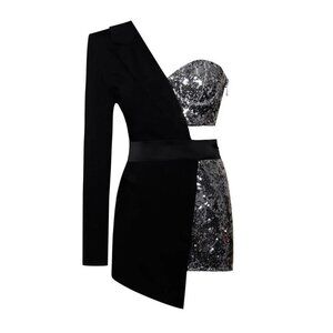 NWT! Luxedress Unique Sequin Embellished One Shoulder Blazer Romper Sz S